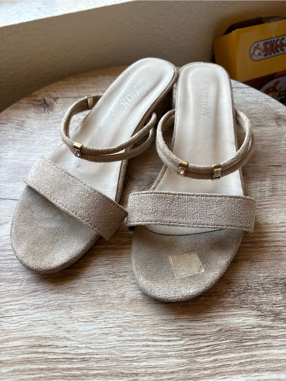 Women's Beige Suede Slide Sandals with Double Strap